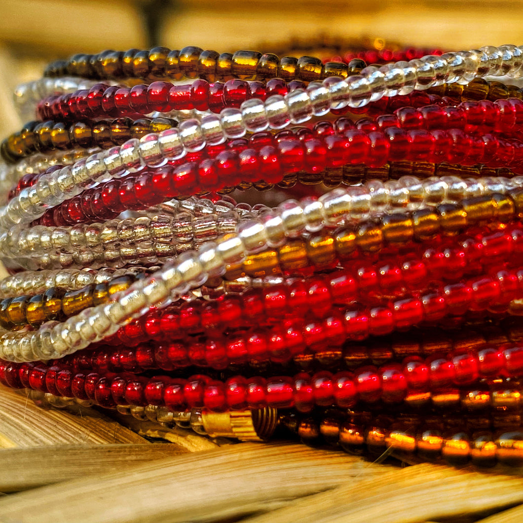 handmade african waist beads in red, brown and clear white