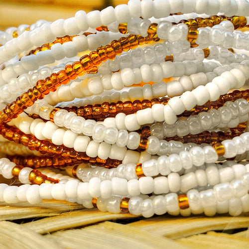 hand made african waist beads in white and gold