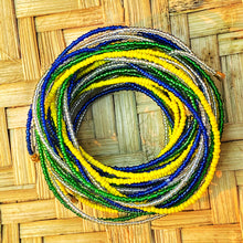 Load image into Gallery viewer, handmade african waist beads with forest green, royal blue, yellow and clear white

