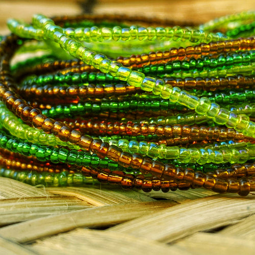 hand made african waist beads in lime green, forest green, brown and gold