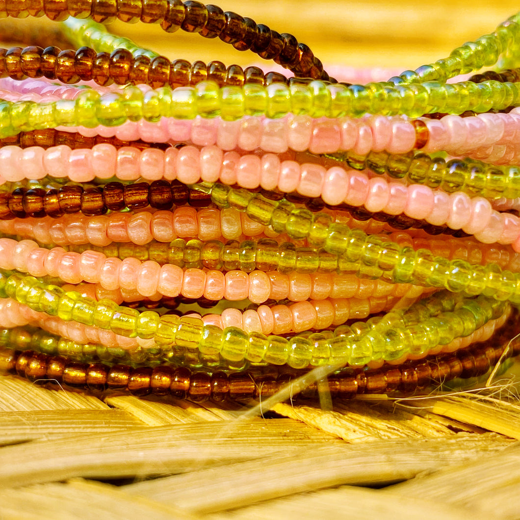 handmade African waist beads pink, brown and green