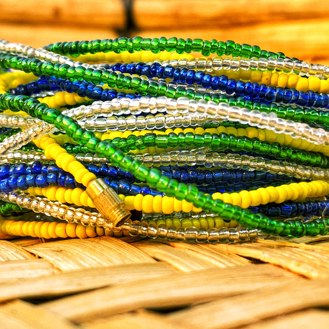 handmade african waist beads with forest green, royal blue, yellow and clear white