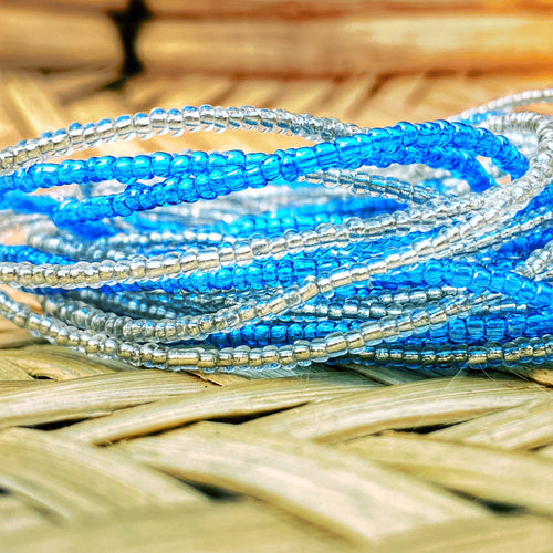 hand made african waist beads in clear white and light blue