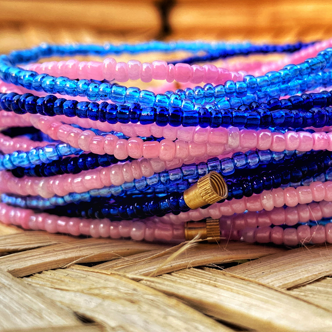hand made african waits beads royal blue, light pink and light blue