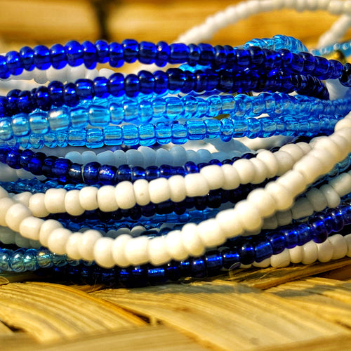 hand made african waist beads in shote, light blue and royal blue